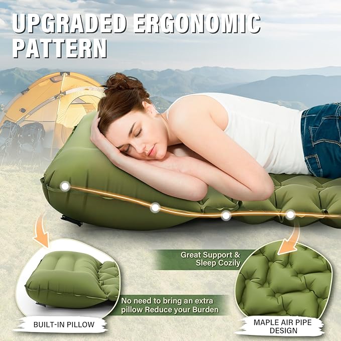 Camping Sleeping Pad 50D Ultralight Inflatable Camping Mat with Pillow Built-in Foot Pump Sleeping Mattress Waterproof Lightweight and Compact Camping Mattress for Backpacking Hiking Traveling Tent