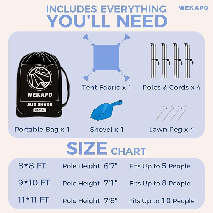 WEKAPO Beach Tent Sun Shelter - Easy Setup Beach Canopy with 4 Sturdy Poles, Large Sandbags and Shovel, 7'1'' Tall, Windproof Sun Shade for Backyard and Camping, UPF 50+ Protection