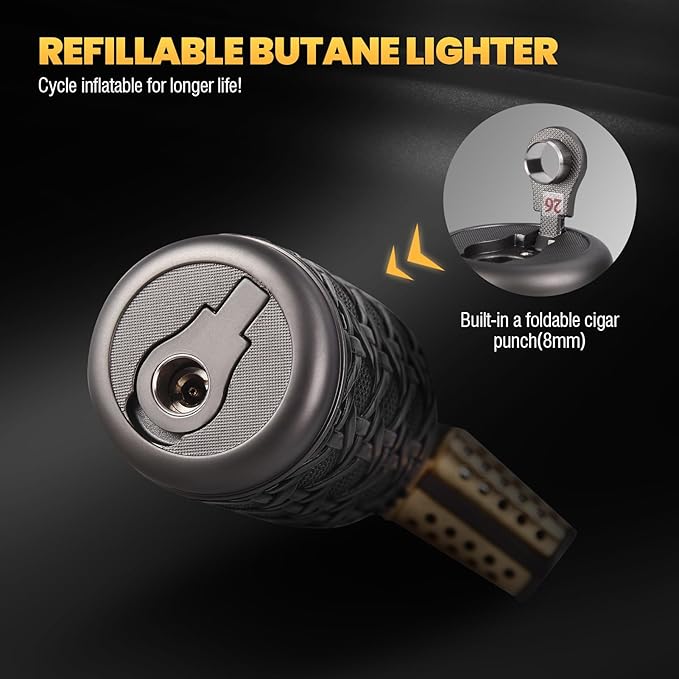 Butane Torch Lighter, Adjustable Refillable Torch Lighters with Safety Lock, Windproof Vintage Antique Lighters with Punch, Blue Jet Flame Cooking Torch for Kitchen/BBQ/Candle/Camping (No Gas)