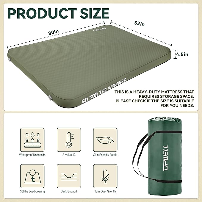 UPWELL Self Inflating Sleeping Pad 4.5" Thickness Camping Mattress with Solid Foam Double Sleeping Mat Portable Fast Inflation for Outdoor Mat Portable Roll Up Bed Green