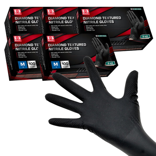 Jointown Basic Heavy Duty Nitrile Gloves, Mechanic Gloves 8 Mil Nitrile Disposable, with Raised Diamond Texture, Case of 500, Black, Medium