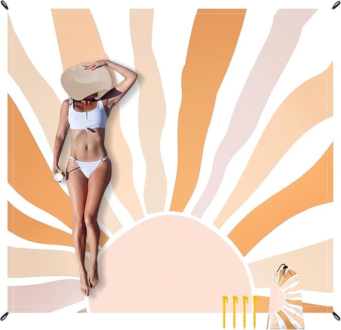 Beach Blanket Sandproof, Beach Mat Sand Free Waterproof, Large & Compact Picnic Blankets for 2-4 Adult, Lightweight Quick Drying Polyester Outdoor Blanket, Beach Essentials Must Have Accesorries