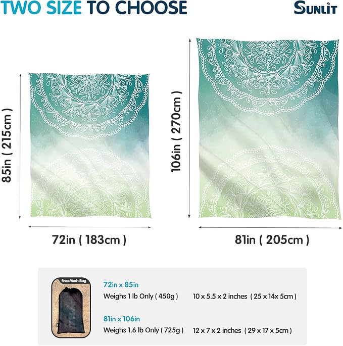 Sunlit Silky Soft 85"x72" Boho Sand Proof Beach Blanket Sand Proof Mat with Corner Pockets and Mesh Bag for Beach Party, Travel, Camping and Outdoor Music Festival, Tiffany Green Mandala