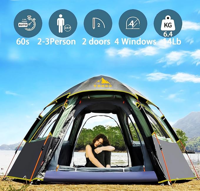 Camping Tent with Instant Setup, 2/3 Person Weatherproof Tent Easy Quick Set Up in 60 Seconds with Rainfly Backpack Tent for Family Camping & Hiking, Upgraded Ventilation,Center Height 66-inch