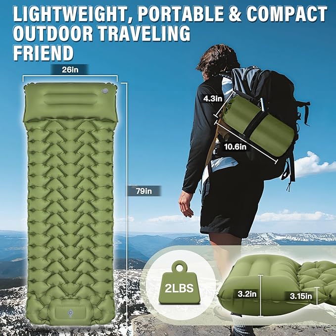 Camping Sleeping Pad 50D Ultralight Inflatable Camping Mat with Pillow Built-in Foot Pump Sleeping Mattress Waterproof Lightweight and Compact Camping Mattress for Backpacking Hiking Traveling Tent