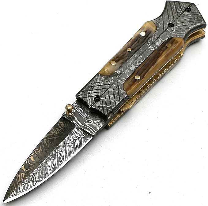 PAL 2000 KNIVES FOL-8897 Handmade Damascus Steel Blade Folding Pocket Hunting Knife with Sheath