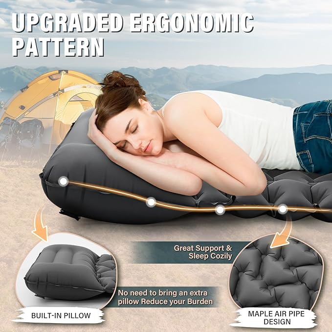 Sleeping Pad, 50D Ultralight Camping Mat with Pillow Built-in Foot Pump Sleeping Mat Waterproof Portable and Compact Camping Mattress for Backpacking Hiking Traveling Tent Air Mattress (Grey)