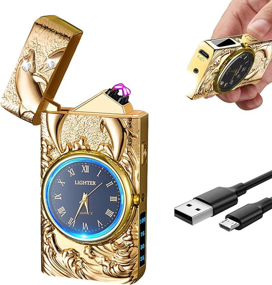Arc Lighter Rechargeable Electric Lighter Plasma USB Lighter with Clock Dial Cool Windproof Candle Lighter with Battery Indicator for Candles, Fireworks, Incense (Gold Dolphin)