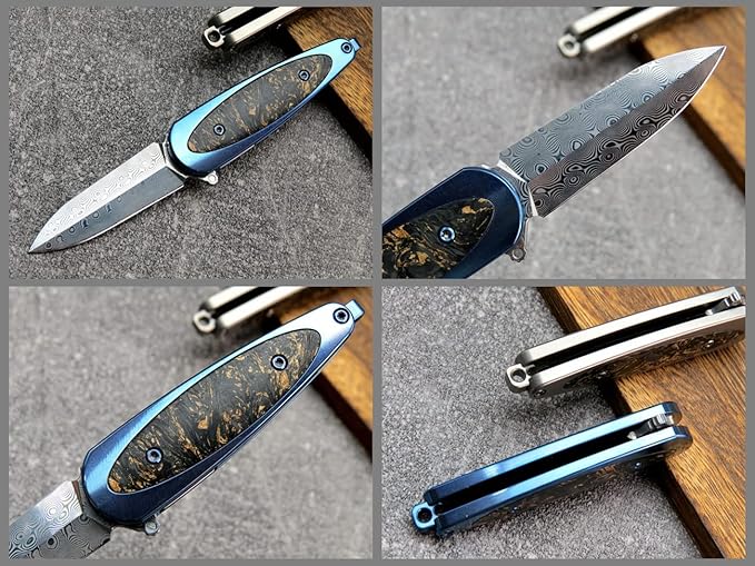 Sitivien ST228 Damascus Steel Folding Knife, Copper Platinum Carbon Fiber Inlays Handle and Rose Print Pattern Blade EDC Tool Knife for Outdoor, Camping, Hiking, Hunting(Blue) …