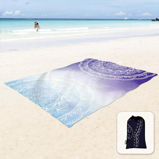 Sunlit Silky Soft 106"x81" Boho Sand Proof Beach Blanket Sand Proof Mat with Corner Pockets and Mesh Bag for Beach Party, Travel, Camping and Outdoor Music Festival, Blue Purple Mandala