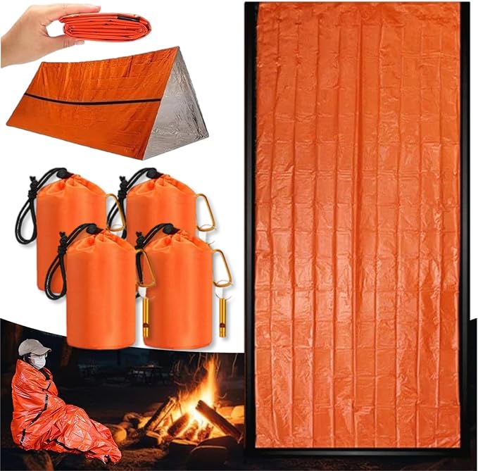 Emergency Sleeping Bag with Whistle 4 Pack, Portable Emergency Survival Bag, Lightweight Pocket Size Emergency Sleeping Bag, Waterproof Thermal Bivy Sack for Camping, Hiking (4Pcs+Whistle)