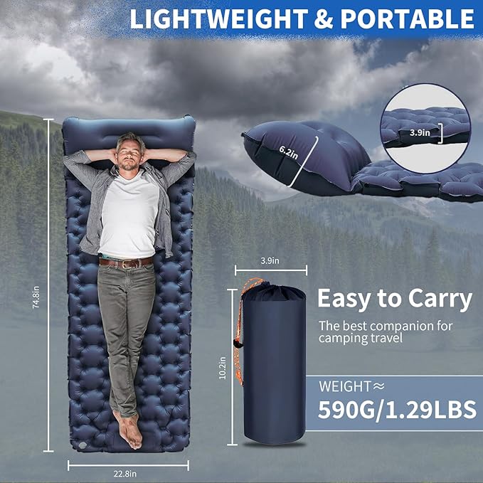DDD Ultra-Light Inflatable Camping Sleeping Pad with its Built-in Foot Pump and Pillow - The Ultimate Camping pad, Hiking pad, Backpacking Pad and Lightweight for a Outdoor Sleep——Navy Blue