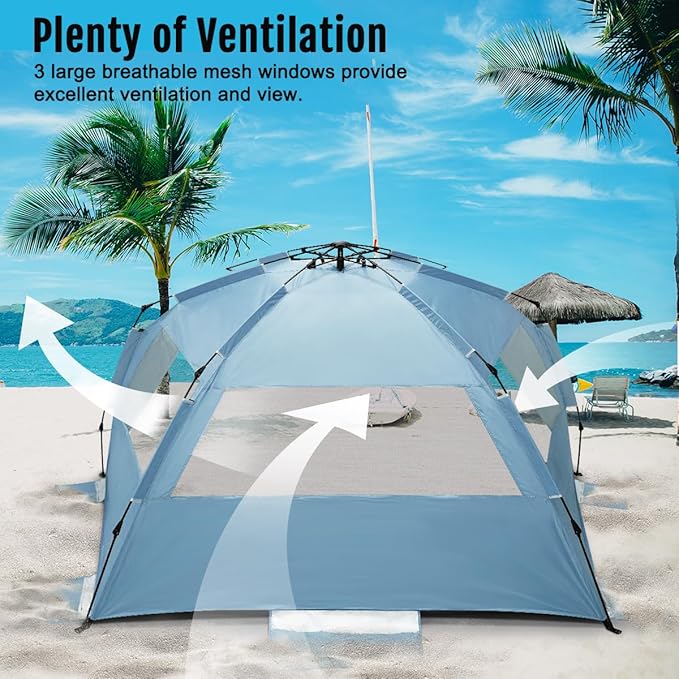 WhiteFang Deluxe Pop Up Beach Tent Sun Shade Shelter for 3-4/5-6 Person, UV Protection, Extendable Floor with 3 Ventilating Windows Plus Carrying Bag, Stakes, and Guy Lines
