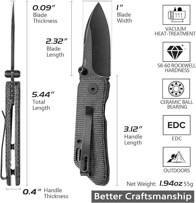 Pocket Knife for EDC,2.32in Black Stonewashed 14C28N Stainless Steel Blade,Black Micarta Handle,Thumb Studs Folding Knives with Reversible Deep Carry Clip for Men,Bootes-04B