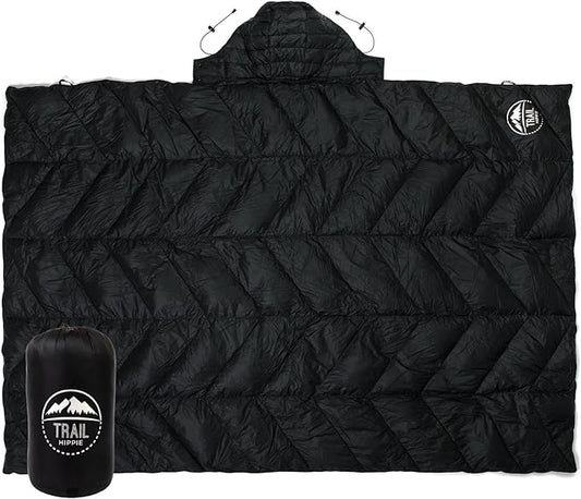 Luxurious Ultralight Down Camping Blanket | Perfect for Backpacking | Packable Puffy Outdoor Quilt with Hood & Pad Straps | Ideal for Travel Camping & Soccer Moms | 80x54 Black