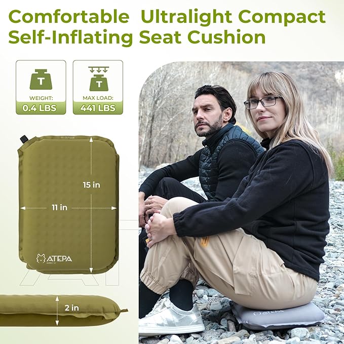 ATEPA Inflatable Seat Cushion Lightweight Self-Inflatable Memory Foam Seat Cushion for Stadium Airplane Trevel, Waterproof Portable Seat Cushion Best for Backpacking Camping Chair Pad, Olive Green
