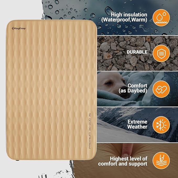 KingCamp Self Inflating Sleeping Pad Double Camping Mattress Queen Size Foam Pad 11 R-Value 3" Thick 79" × 50" Lightweight Luxury 3D Sides Camping Foam Mat, Khaki…
