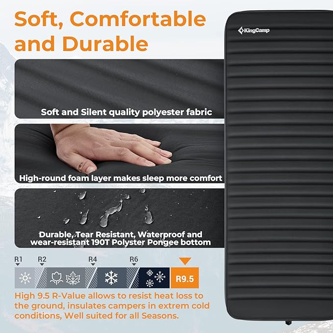 KingCamp Self Inflating Sleeping Pad for Camping Ultra Thick Double Single Foam Mattress High R Value Camping Air Pad Mat, Multi Colors & Sizes
