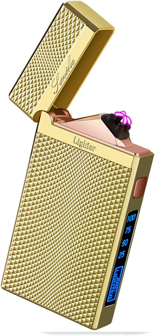 Electric Lighter for Men, Windproof Dual Arc Flameless Lighter, Plasma Lighter Rechargeable for BBQ, Outdoor Adventures (Gold)