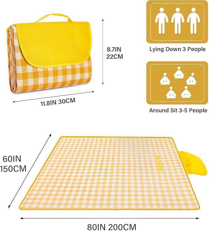Picnic Blankets Waterproof Foldable Yellow Gingham Beach Mat Tote Handbag for Camping Travel Park (60x80 inch)