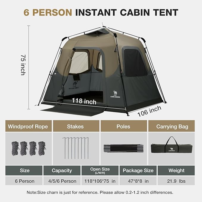 CAMEL CROWN Instant Tents for Camping 4-6 Person Tent Waterproof Easy Setup Sets Up in 60 Seconds Backpacking Tents with Carry Bag for Outdoor Hiking