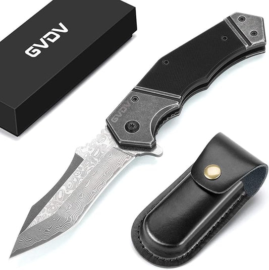 GVDV Damascus Steel Pocket Knife with G10 Handle, Handmade Folding Knife with Leather Sheath for Camping Survival, Knives for Men Dad Husband (Black)