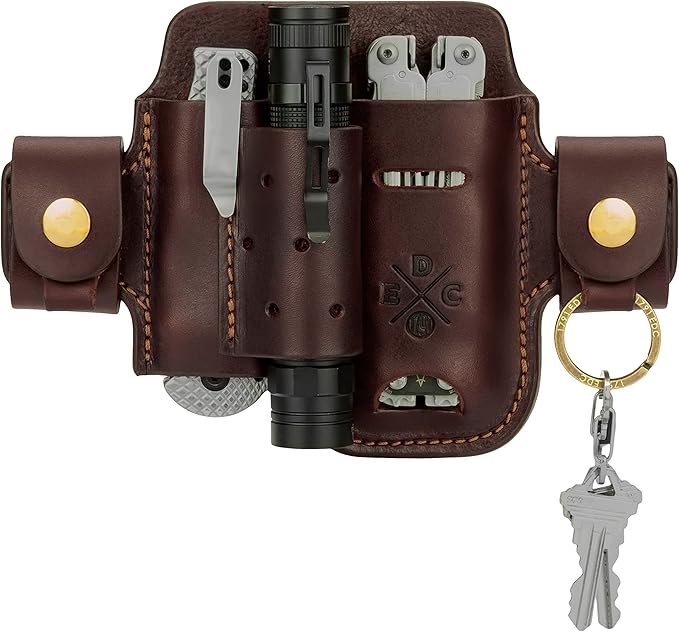 Multitool & Flashlight Holster, Leather EDC Organizer Belt Pouch Fits Multitool, Knife, Flashlight, Keys - Compatible with Heavy Duty Leatherman, Gerber, SOG Multitools