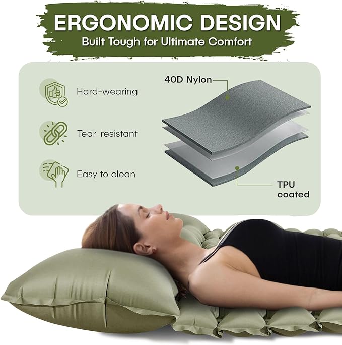 Camping Double Sleeping Pad - Fast 60s Foot Pump Inflatable Air Mattress, Ultralight Durable Ergonomic Egg-Shaped Mat, Built-in Pillow, Ideal for Backpacking