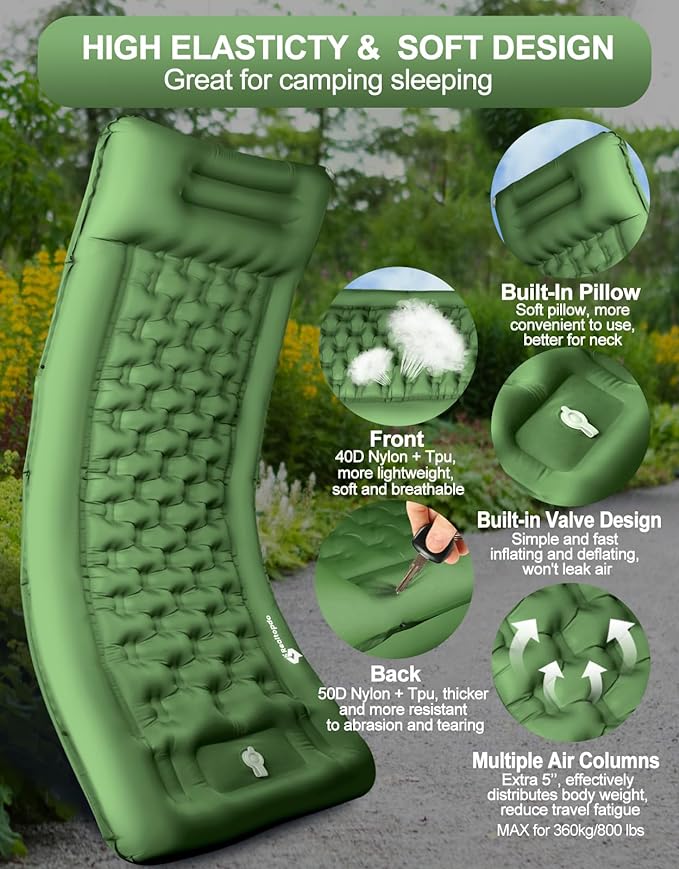 Sleeping Pad for Camping Extra Thick 5'' - Camping Sleeping Mat with Pillow, Self Inflating Camping Pad Built-in Foot Pump, Inflatable Mattress Camping Backpacking Hiking Traveling (Green)