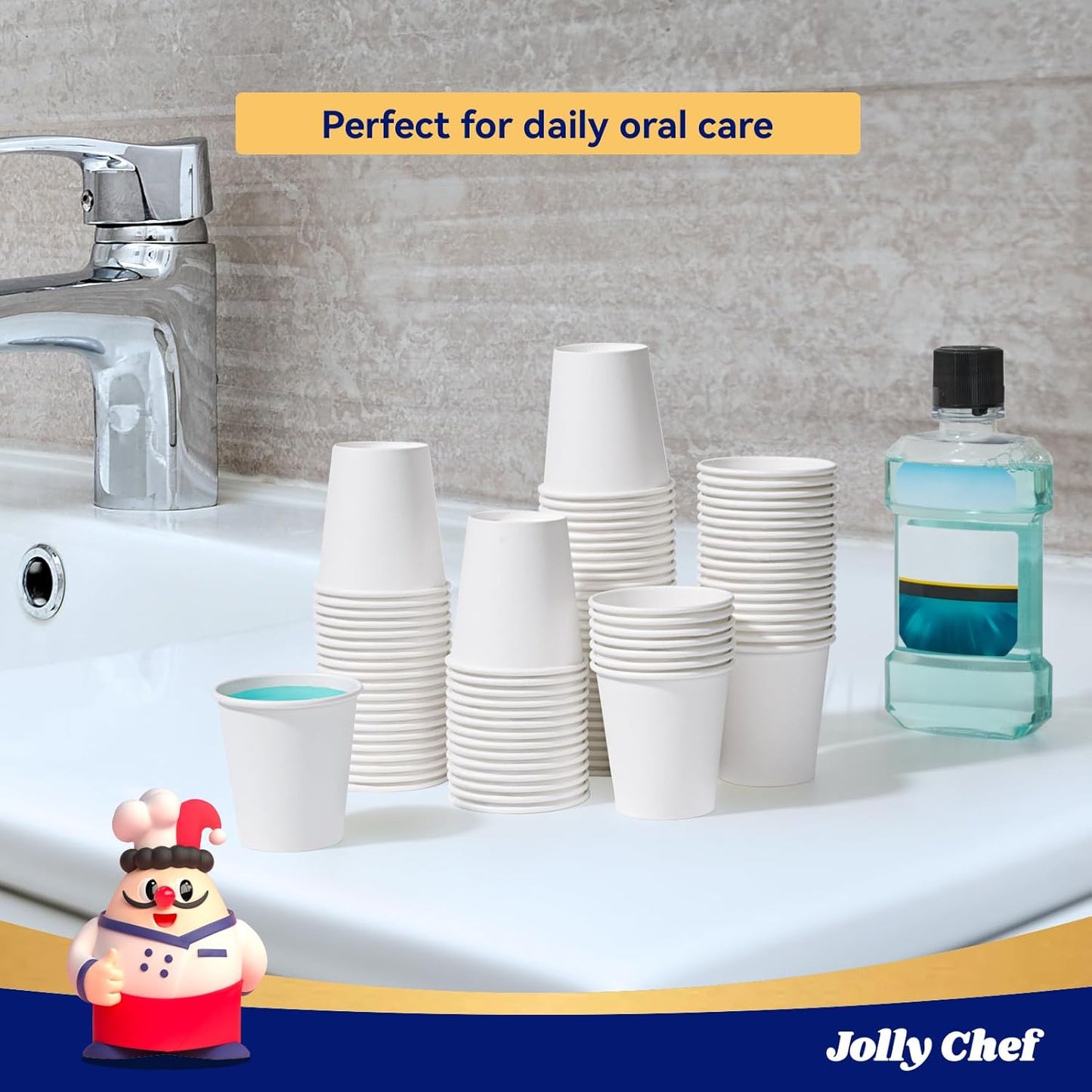 JOLLY CHEF 3oz Paper Cups 300 Packs for Bathroom, Disposable Small Mouthwash Cups, Ideal for Bathroom, Home, Party
