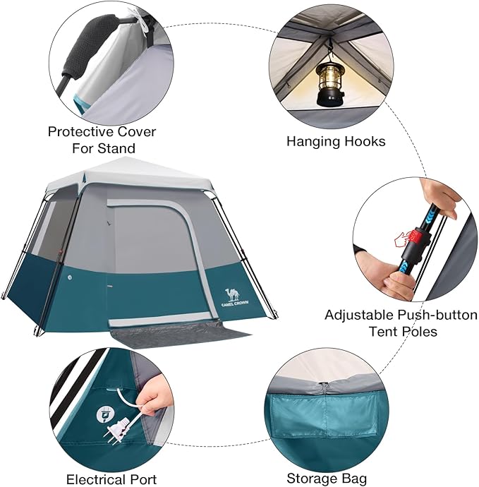 CAMEL CROWN Cabin Tent with 1-Minute Setup, 4/6 Person Instant Tent with Weatherproof Floor