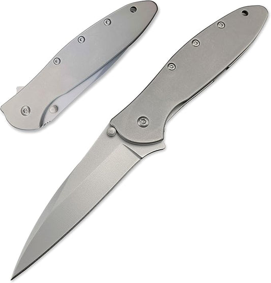 HUAAO Outdoor Flipper Pocket Folding Knife 3" Bead Blast Plain Blade, Stainless Steel Handles Frame Lock,Reversible Pocketclip