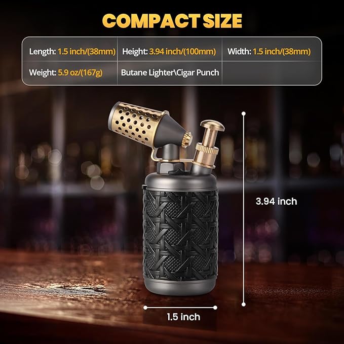 Butane Torch Lighter, Adjustable Refillable Torch Lighters with Safety Lock, Windproof Vintage Antique Lighters with Punch, Blue Jet Flame Cooking Torch for Kitchen/BBQ/Candle/Camping (No Gas)