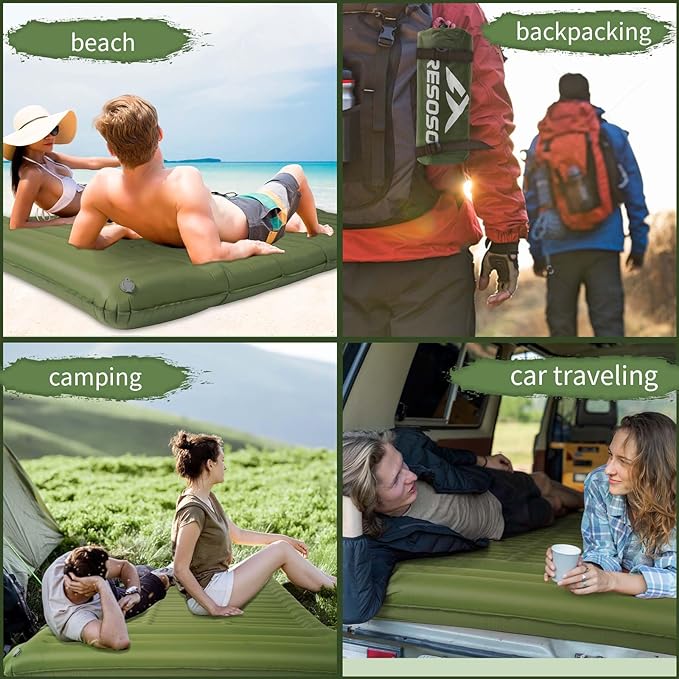 Double Sleeping Pad for Camping,4.75" Ultra-Thick Camping Mattress with Pillow Built-in Foot Pump, Self Inflating Camping pad for Backpacking, Car Camping, Hiking, Tent(Green)