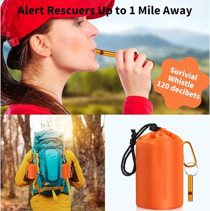 Emergency Sleeping Bag with Whistle 4 Pack, Portable Emergency Survival Bag, Lightweight Pocket Size Emergency Sleeping Bag, Waterproof Thermal Bivy Sack for Camping, Hiking (4Pcs+Whistle)