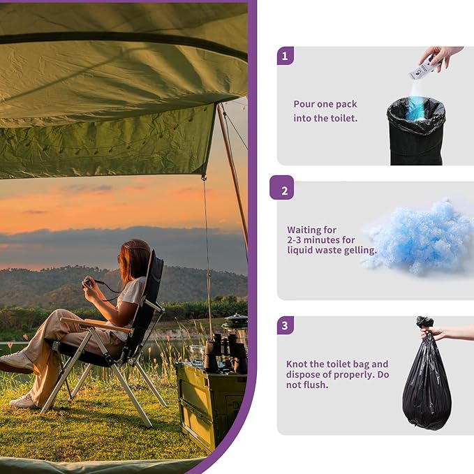 Portable Toilet Absorbent Poo Powder,60 Packets Eco Poo Gel for Portable Toilet,Fast-Absorbing Camping Toilet Chemicals,Deodorizing Treatment for Camping Outdoor Hiking