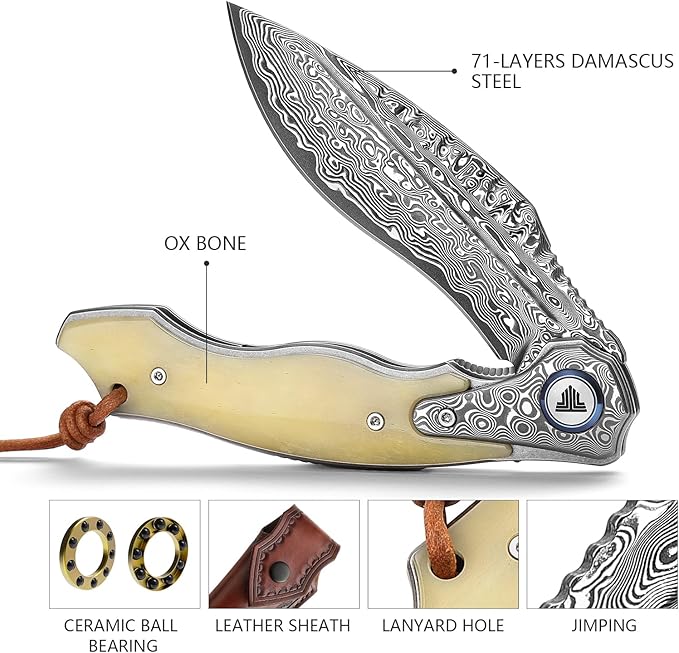 Handmade Damascus Steel Folding Hunting Knife with Leather Sheath,4.09'' Large Blade,Damascus and Bone Handle Pocket Knives for Men EDC Camping, Lepus-02