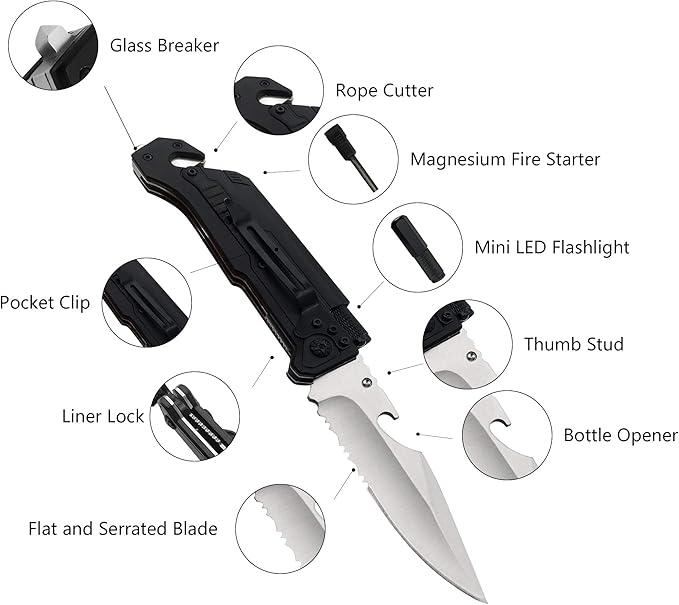 ALBATROSS Best 6-in-1 Survival Tactical Military Folding Pocket Knives with LED Light,Seatbelt Cutter,Glass Breaker,Magnesium Fire Starter,Bottle Opener;Multi-Function Emergency Tool(Black-2)