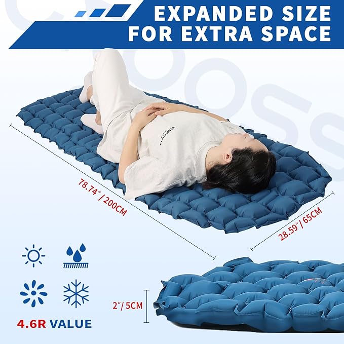 Sleeping Pad for Camping - Inflatable 2 Inch Sleeping Mat for Backpacking, Ultralight Camping Pad for Tents, Compact Camping Air Mattress for Hiking, Car Travel, and Sports