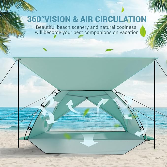 Elegear Beach Tent Sun Shelter with Canopy, 4-5 Person Pop Up Beach Tent, Easy Setup UPF 50+ UV Protection Portable Lightweight Double Silver Coating Cabana Sun Shade Shelter - Green