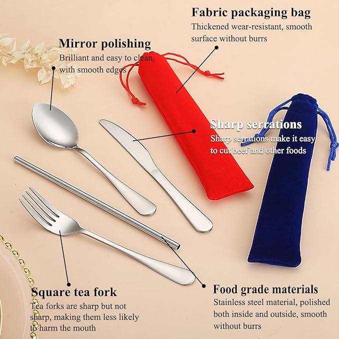 Kyraton Portable Flatware, Reusable Camping Flatware, Bento Box Flatware, Silverware For School/Work/Office/Outdoor, Dishwasher Safe, Set of 2 Packs
