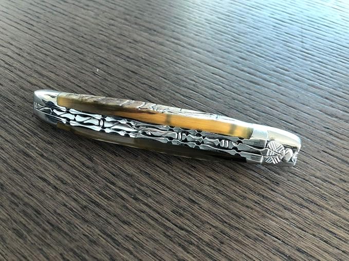 Laguiole en Aubrac Handmade Luxury Double Plated Folding Knife, 4.8-in (12cm), Ram Crust Handle Forged Bee, Stainless Steel Shiny Bolsters