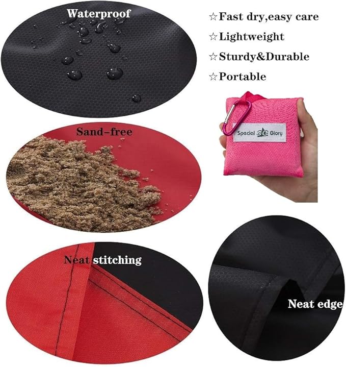 Meafteryou Outdoor Pocket Blanket,Sand-Free Fast Dry Waterproof for Beach,Travel,Hiking,Camping with 4 Built-in Ground Stakes (Pink,43x63 Inch)