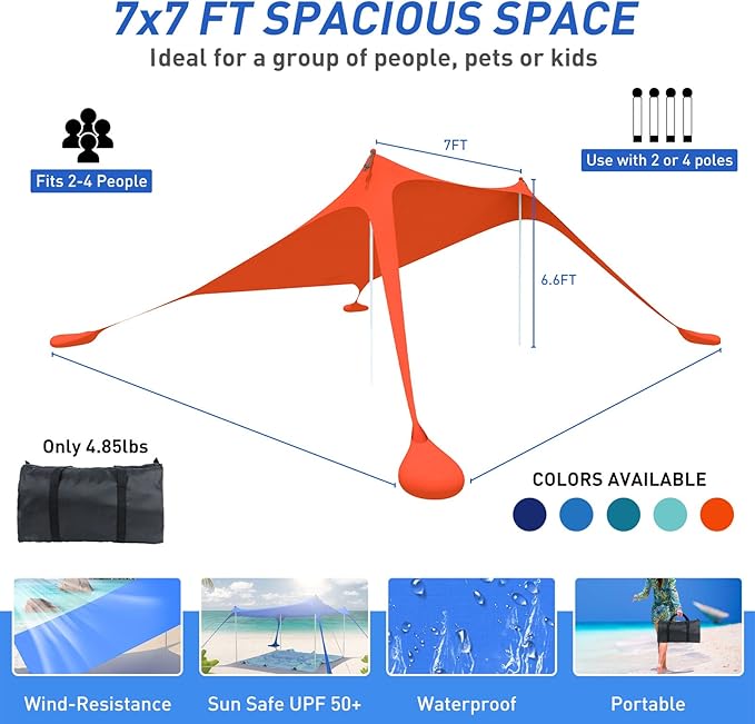 Beach Tent Pop Up Shade Canopy Sun Shelter UPF50+ with 2 Stability Poles/Carry Bag/Ground Pegs/Sand Shovel/Windproof Ropes Portable Outdoor Family Sunshade for Beach Camping (Orange, 7×7FT)