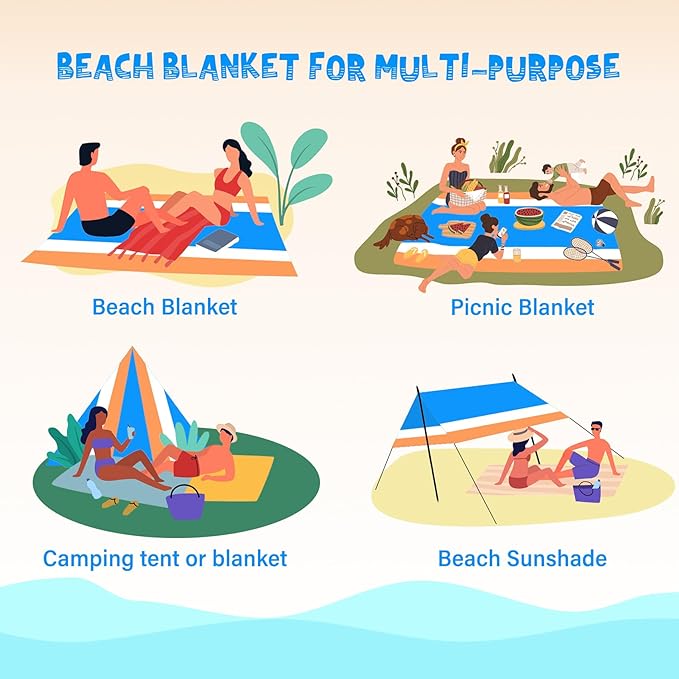 Beach Blanket Waterproof Sandproof 1-7 Adult Oversized 78 '' × 81 '' Lightweight Durable Compact Sand Free Beach Mat for Travel Camping Hiking Picnic Blanket
