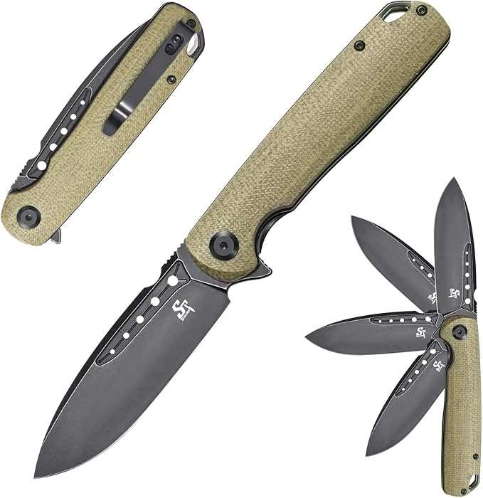 Sitivien ST131 Folding Knife,D2 Blade Micarta Handle EDC Tool Knife with Liner Lock for Outdoor Camping Hiking Fishing(Green)