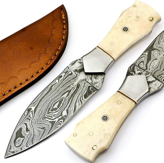 Rare Custom Damascus Dagger Knife Hunting Knife Outdoor Knife Camping Knife | Camel Bone Handle with Free Genuine Leather Sheath (S-6464)
