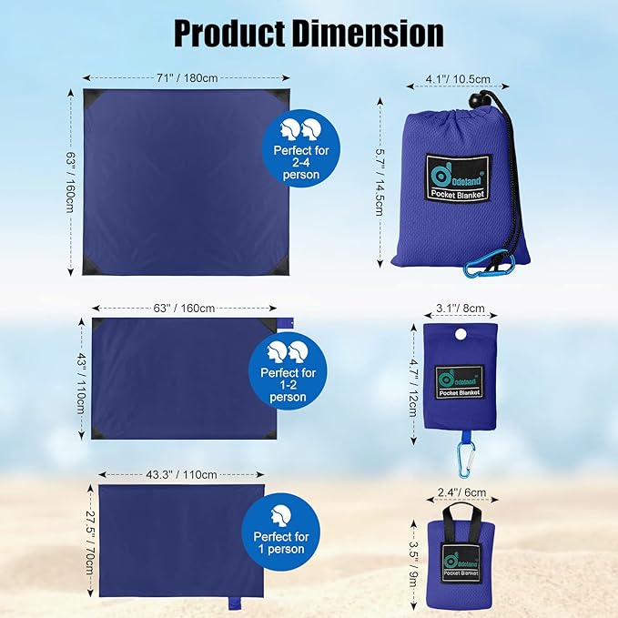 Odoland Beach Blanket Picnic Blanket, SandProof Waterproof Outdoor Pocket Blanket with Portable Bag, Foldable Lightweight Sand Free Quick Drying Beach Mat for Hiking Camping Picnics Travel Concert