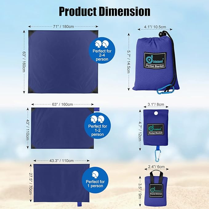 Odoland Beach Blanket Picnic Blanket, SandProof Waterproof Outdoor Pocket Blanket with Portable Bag, Foldable Lightweight Sand Free Quick Drying Beach Mat for Hiking Camping Picnics Travel Concert