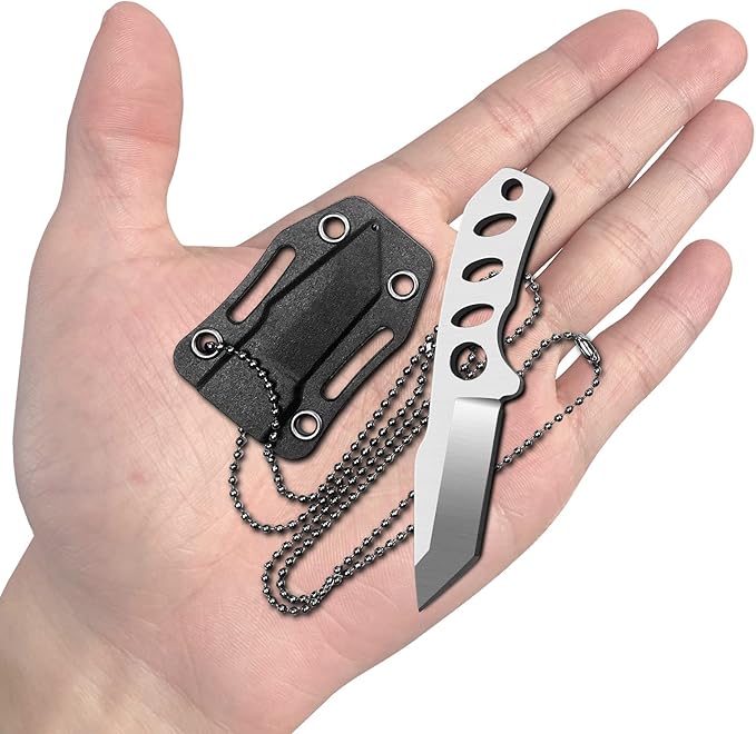 Small Neck Knife Mini Full Tang EDC Tanto Fixed Blade Knife with Kydex Sheath and Necklace - Cool Tactical Pocket Knives for Men and Women - Survival Camping Hiking Boy Scout Tools (White)